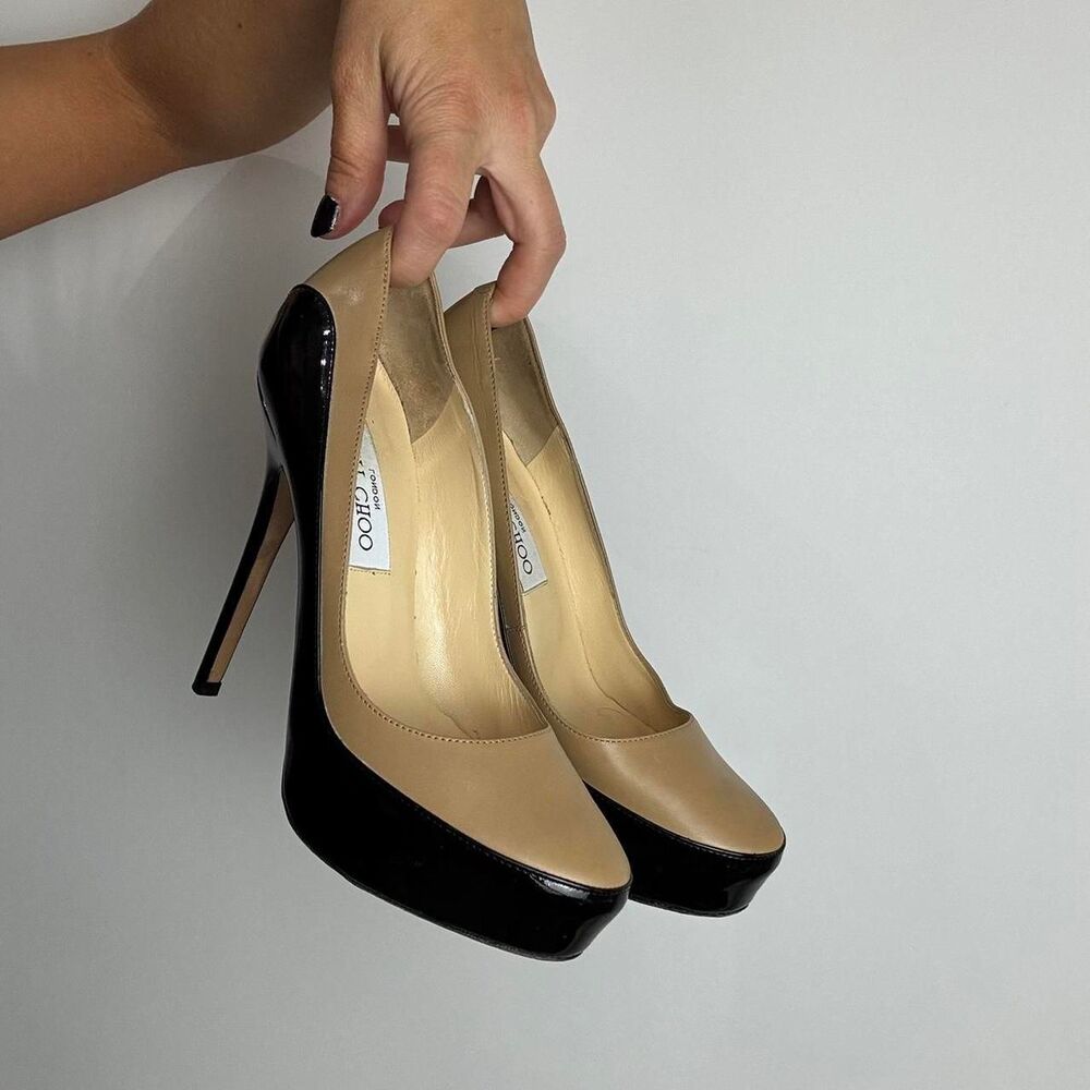 Jimmy Choo Vintage Y2K Black Patent Leather and Tan Leather Platform High Heels